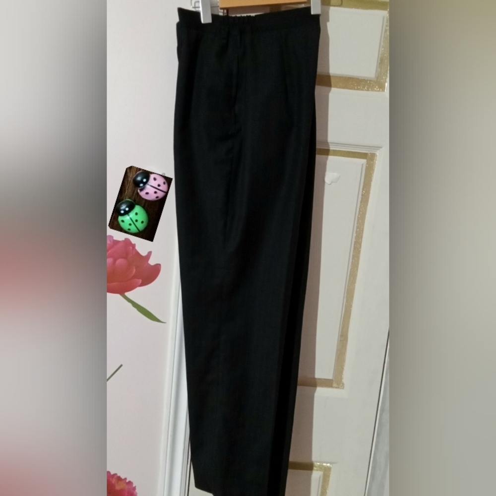 MULBERRY🐞Black Striped Pleated Wool Blend Relaxed Fit High Rise Trousers Sz: 14 - Picture 9 of 10